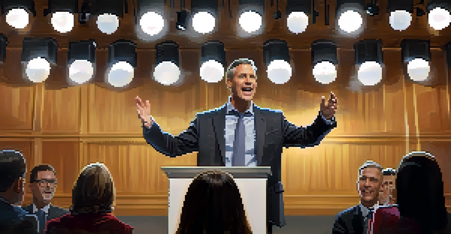 A confident public speaker addressing an engaged audience on stage, with soft lighting and an inspiring backdrop.