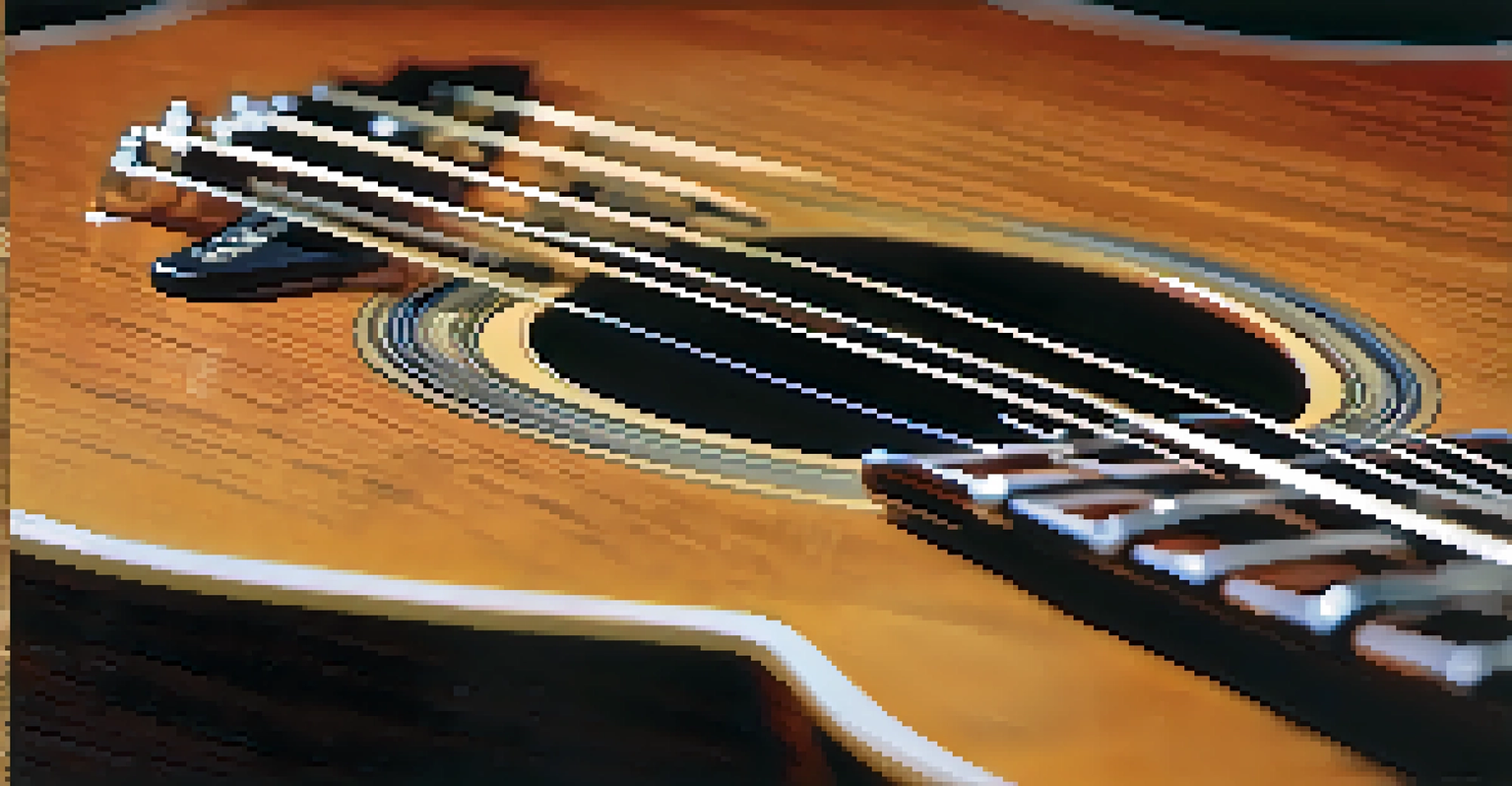 A close-up of a guitar's strings and neck, highlighting the wood grain and fretboard in soft lighting.