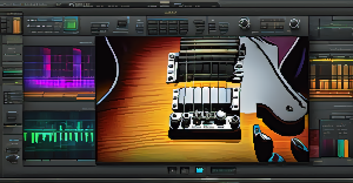 A digital audio workstation interface with guitar simulation software and a guitar on a wooden desk, illuminated by soft ambient light.