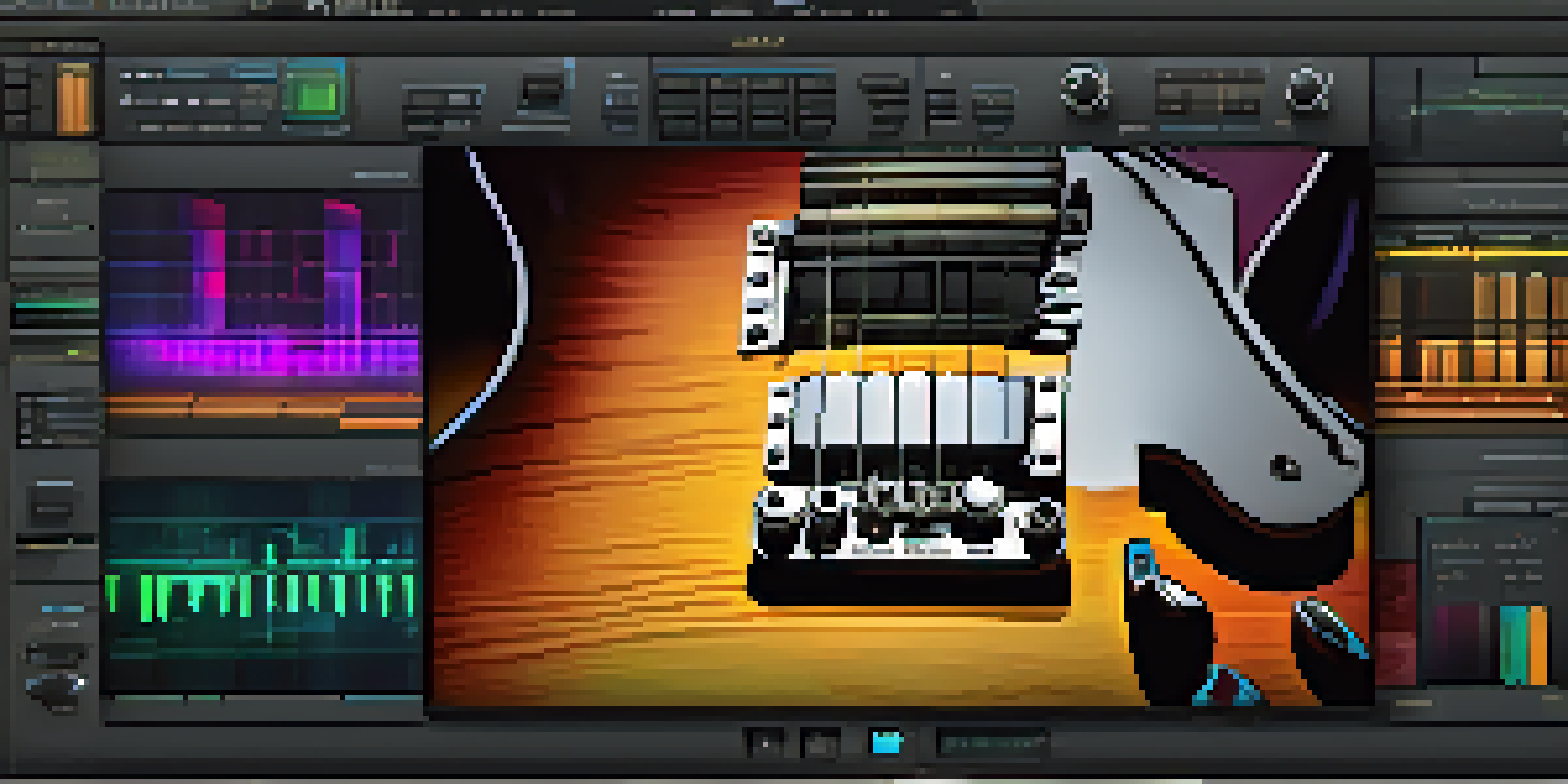A digital audio workstation interface with guitar simulation software and a guitar on a wooden desk, illuminated by soft ambient light.