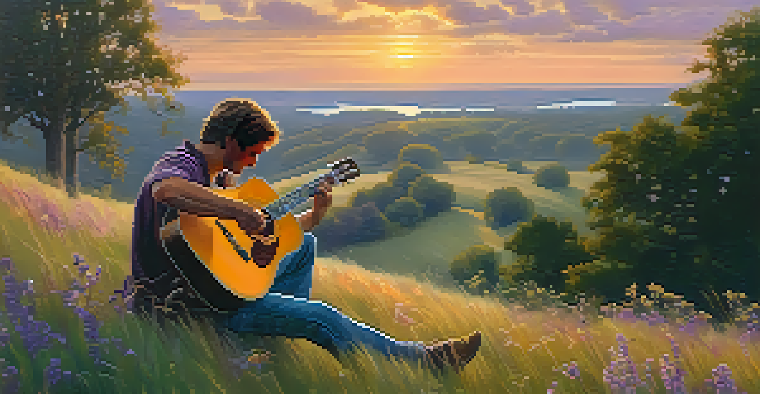 A guitarist playing an acoustic guitar on a grassy hill during sunset, with colorful skies and wildflowers around.