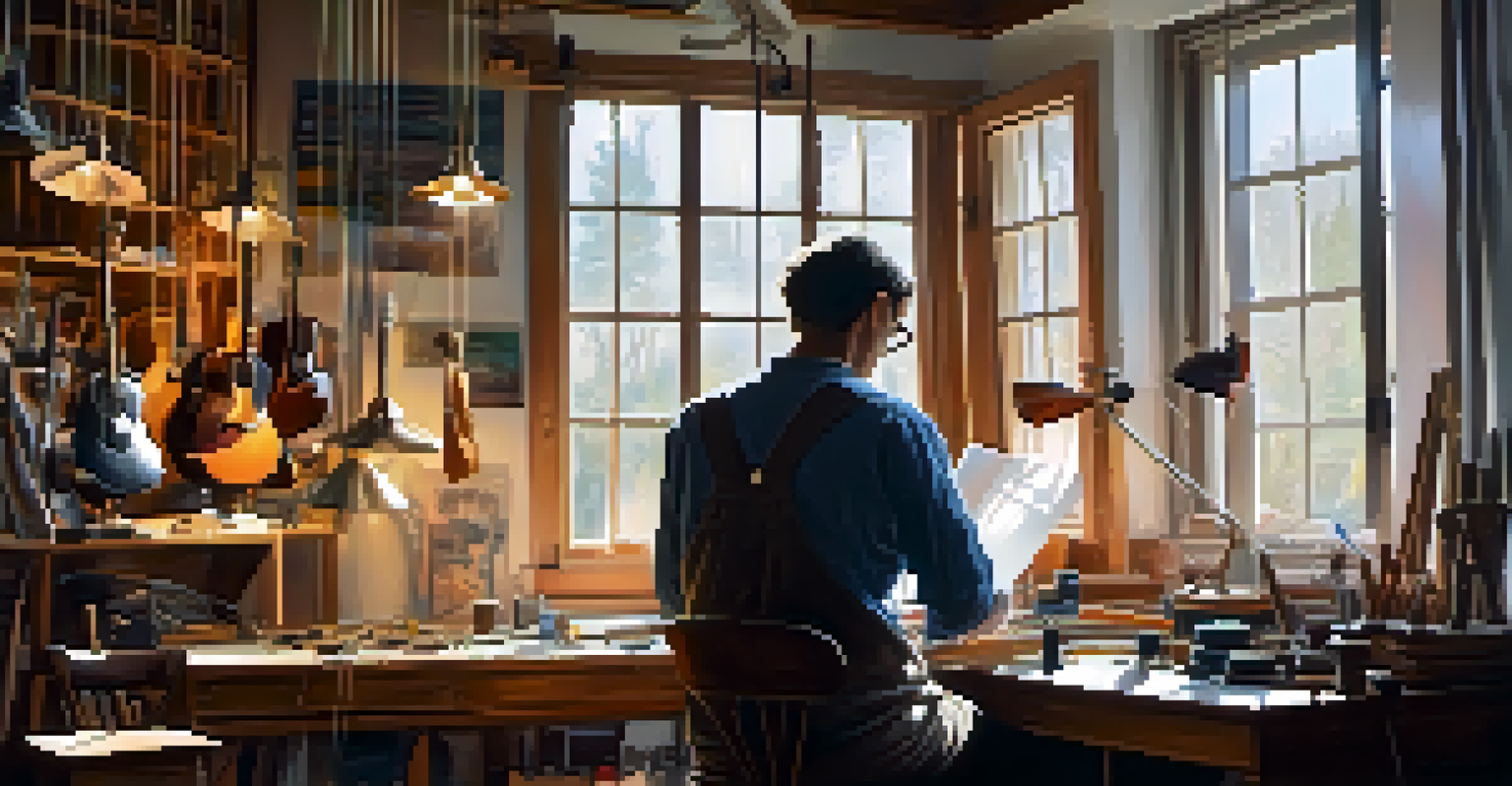 An artist working in a workshop with guitar strings and tools, adjusting synthetic strings on a guitar, illuminated by natural light.