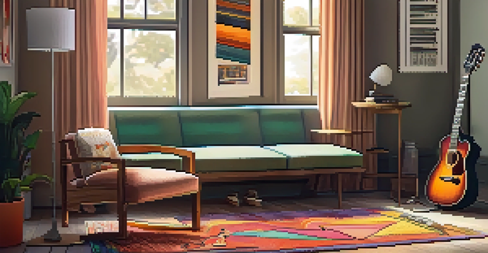 A cozy and organized practice corner for a guitarist, with a comfortable chair, warm rug, and colorful musician posters.