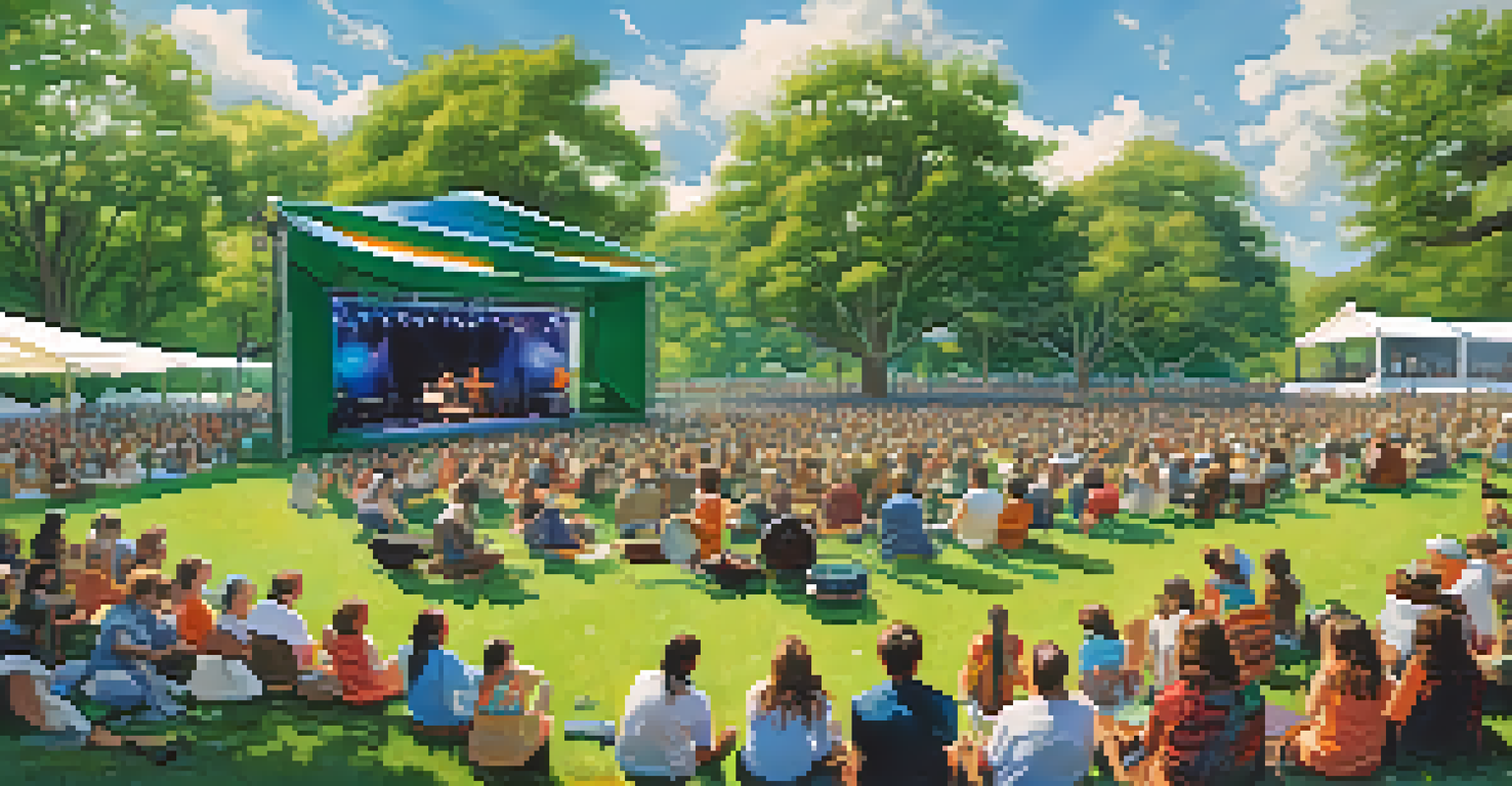 A lively outdoor folk music festival with musicians playing acoustic guitars on stage and an audience seated on the grass.