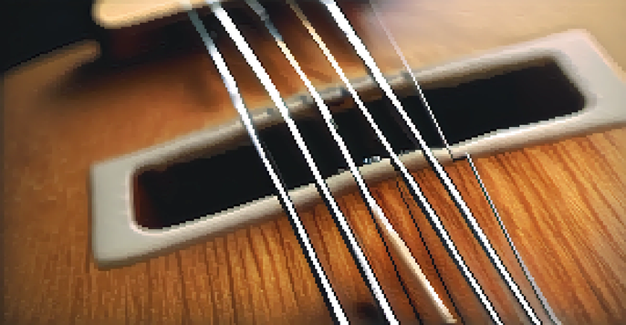 A detailed close-up of a guitar neck with a focus on the fretboard and strings, highlighting the wood grain and string shine.