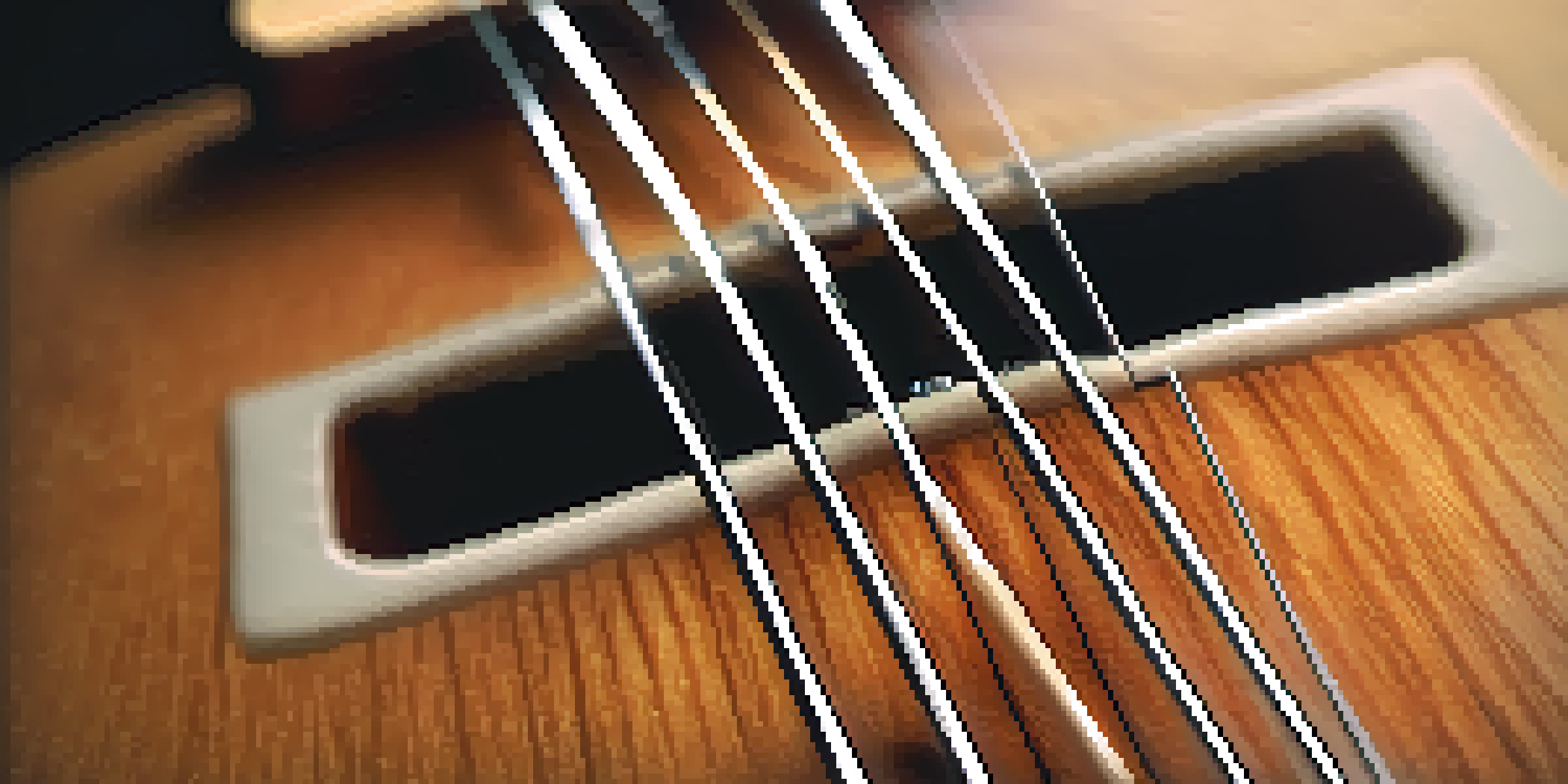 A detailed close-up of a guitar neck with a focus on the fretboard and strings, highlighting the wood grain and string shine.