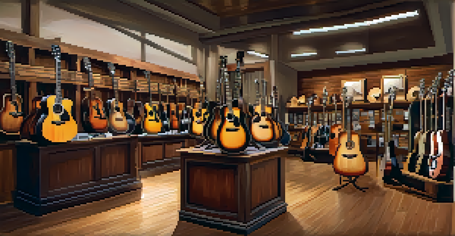 Interior of a music store featuring various acoustic guitars on display in warm lighting.