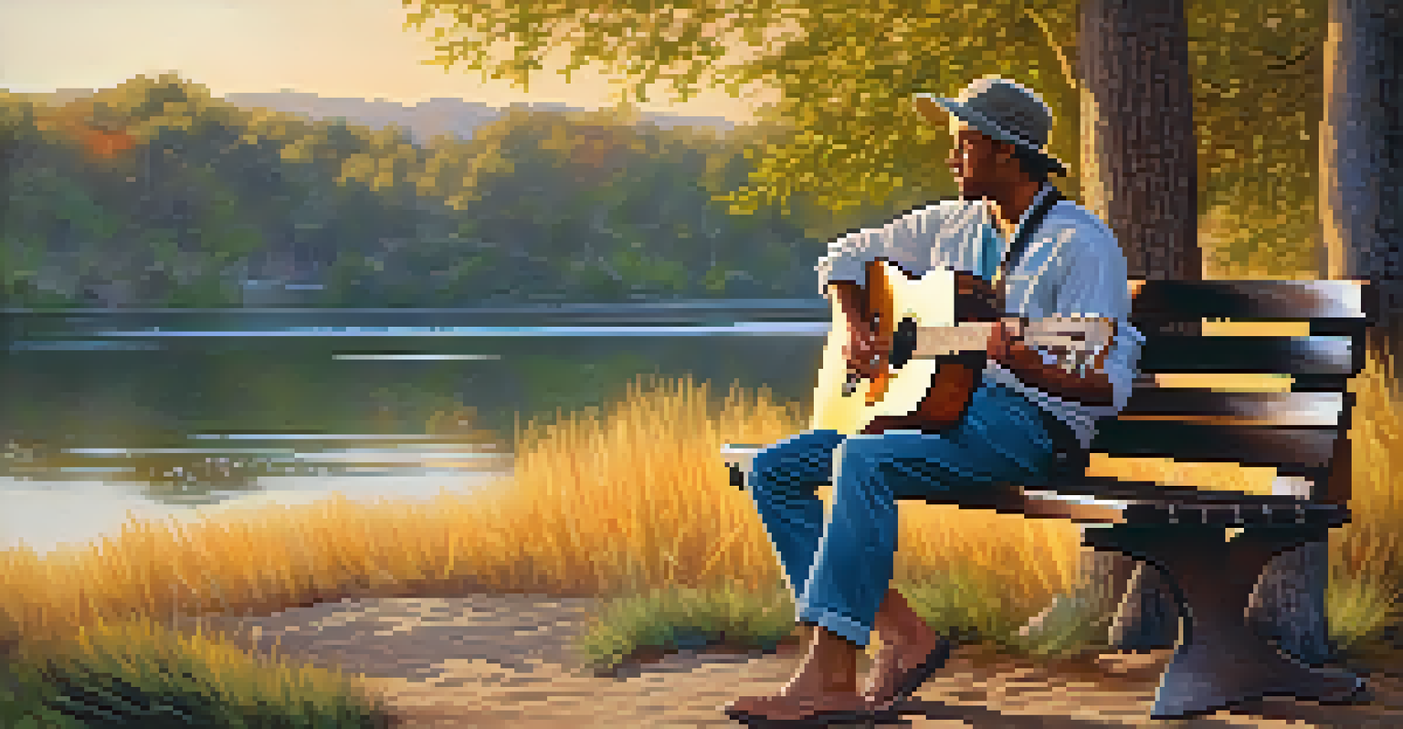 A musician sitting on a bench outdoors with a guitar, a capo placed on the instrument, surrounded by nature during sunset.