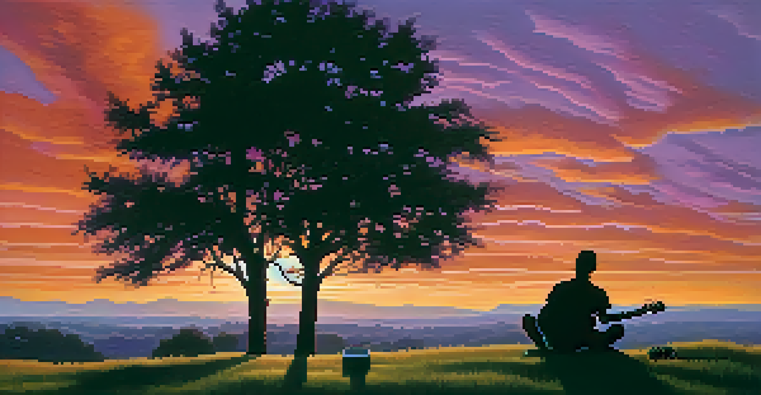 A guitarist sitting on a grassy hill during sunset, with a colorful sky and silhouetted trees in the background.