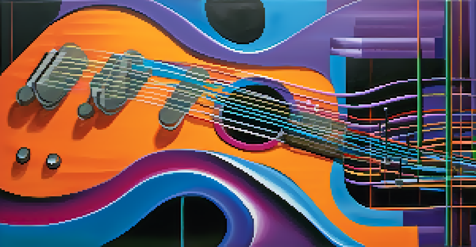 An abstract image showing colorful sound waves coming from a guitar against a vibrant background, representing rhythm in music.