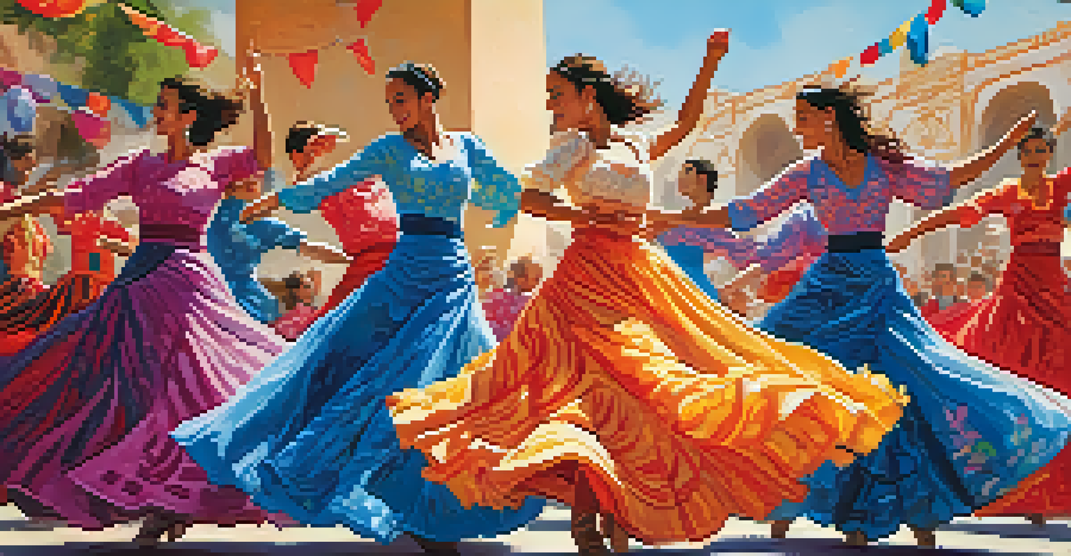 A lively outdoor Flamenco festival with dancers in colorful traditional attire and festive decorations.