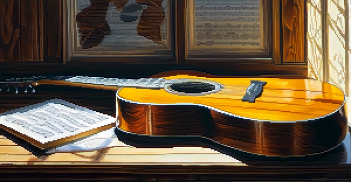 A vintage acoustic guitar on a rustic wooden table with sunlight illuminating its wood grain and strings, surrounded by scattered sheet music.