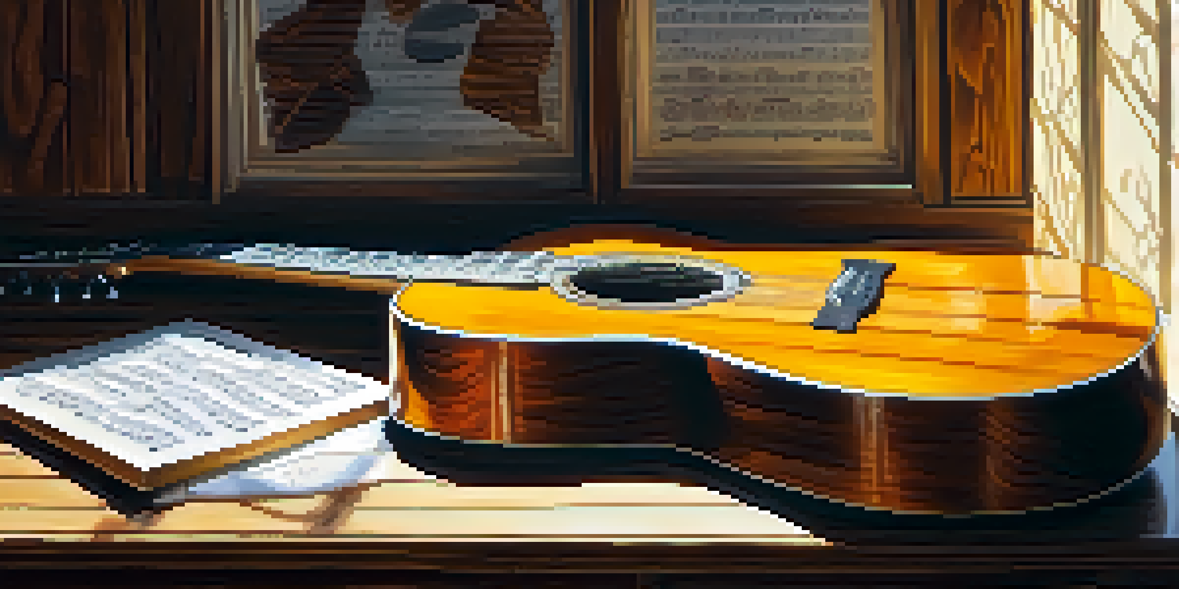 A vintage acoustic guitar on a rustic wooden table with sunlight illuminating its wood grain and strings, surrounded by scattered sheet music.