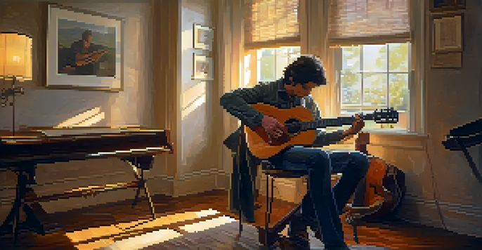 A guitarist practicing in a cozy room with warm lighting, focusing intently on their instrument. Music sheets and a steaming cup of tea are visible nearby.