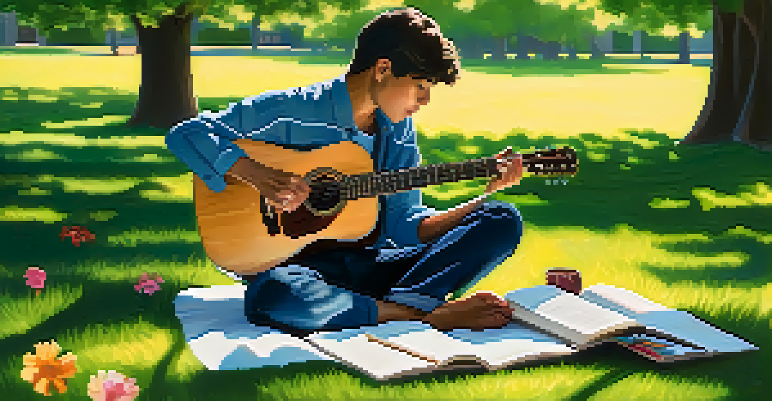 A person practicing guitar in a park on a sunny afternoon, surrounded by nature, with a notebook and smartphone nearby for learning.