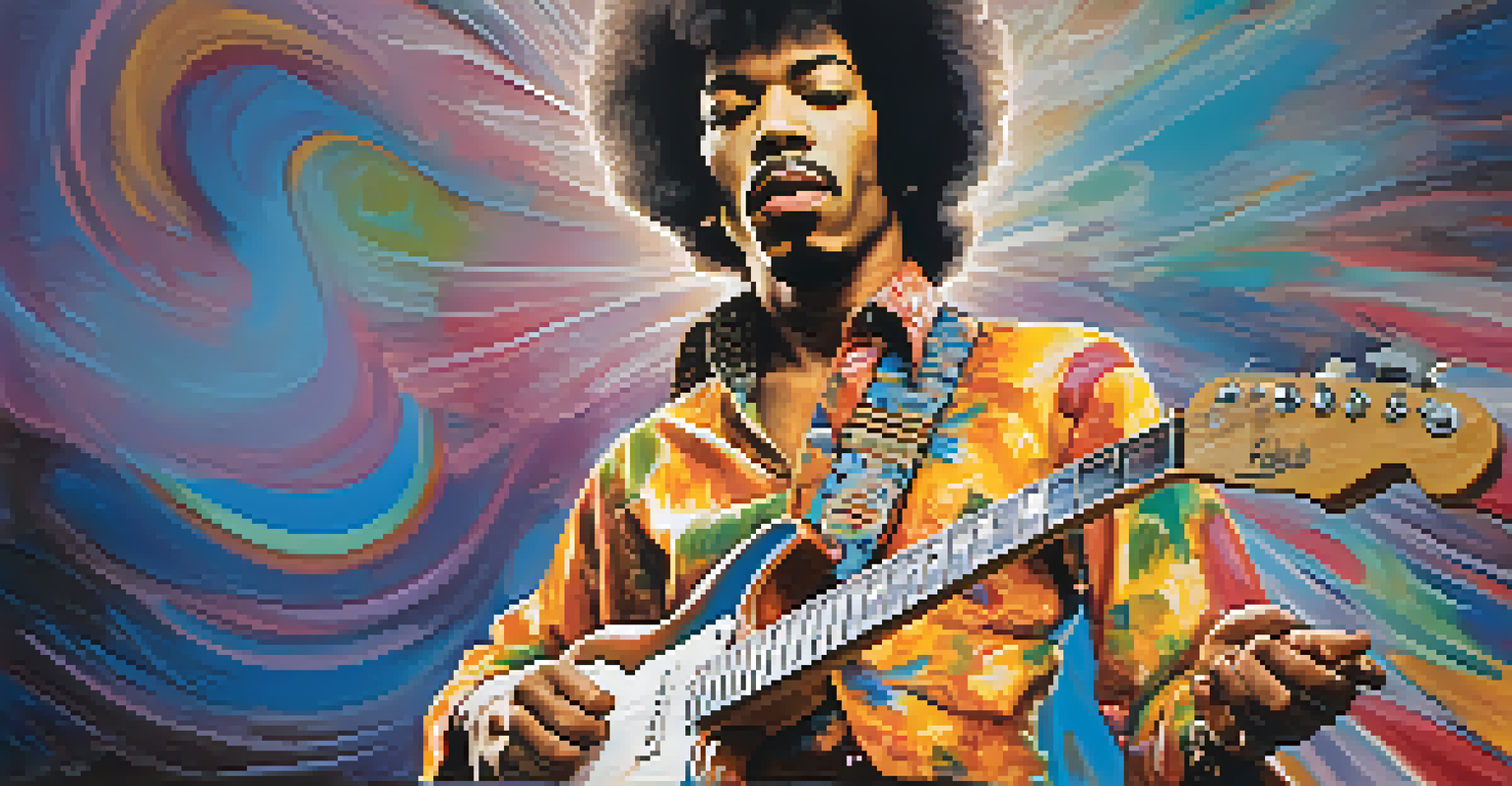 Portrait of Jimi Hendrix in colorful attire with a guitar, set against an abstract background.