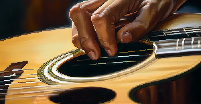 Close-up view of a guitarist's hands playing fingerstyle on an acoustic guitar, with warm lighting and a blurred background.