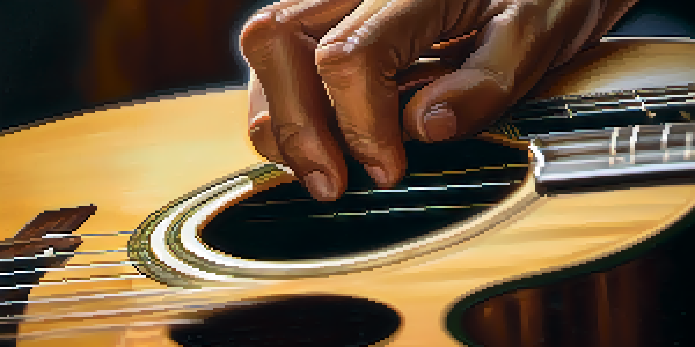 Close-up view of a guitarist's hands playing fingerstyle on an acoustic guitar, with warm lighting and a blurred background.