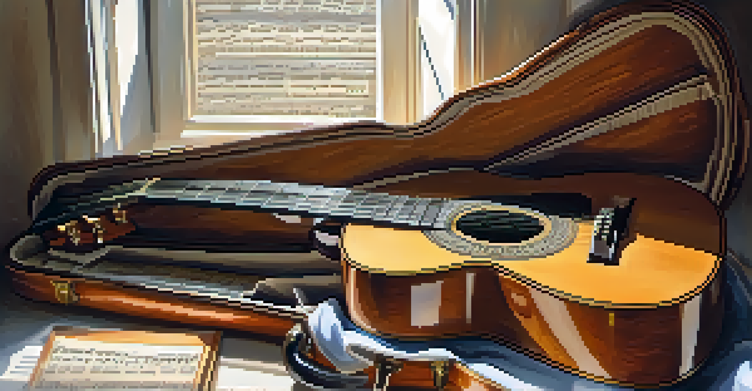 A close-up of a classical guitar on a wooden music stand, surrounded by sheet music and a metronome, illuminated by soft natural light.