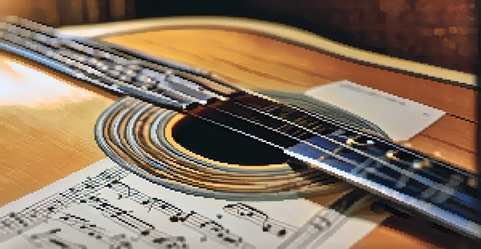 Close-up of an acoustic guitar with a capo on the second fret, with blurred sheet music in the background, illuminated by soft sunlight.