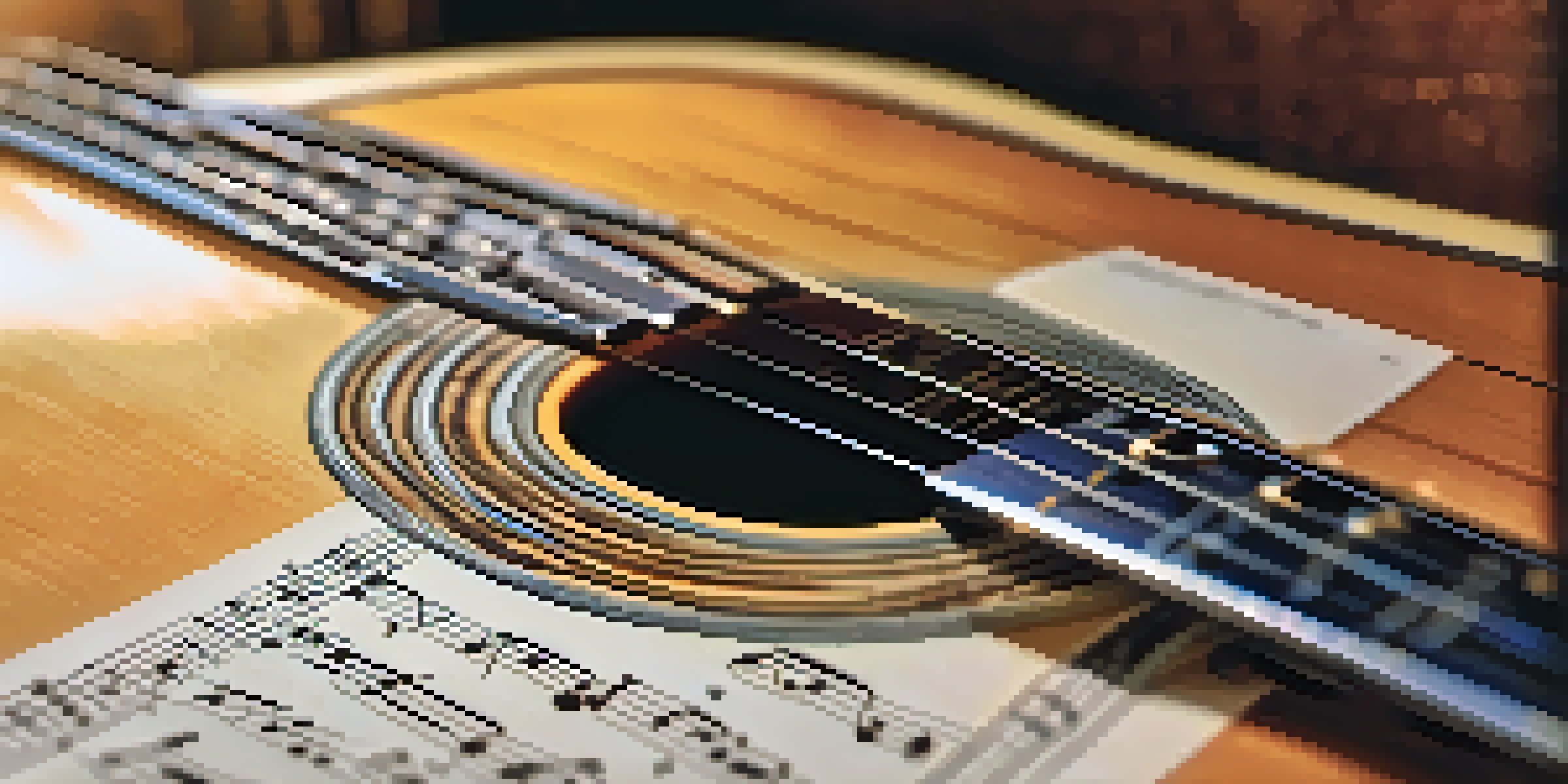 Close-up of an acoustic guitar with a capo on the second fret, with blurred sheet music in the background, illuminated by soft sunlight.