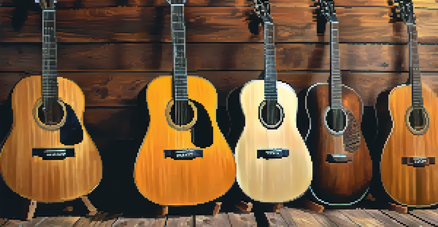 A collection of acoustic guitars displayed against a rustic wooden backdrop, showcasing different bracing patterns and wood finishes, illuminated by natural light.