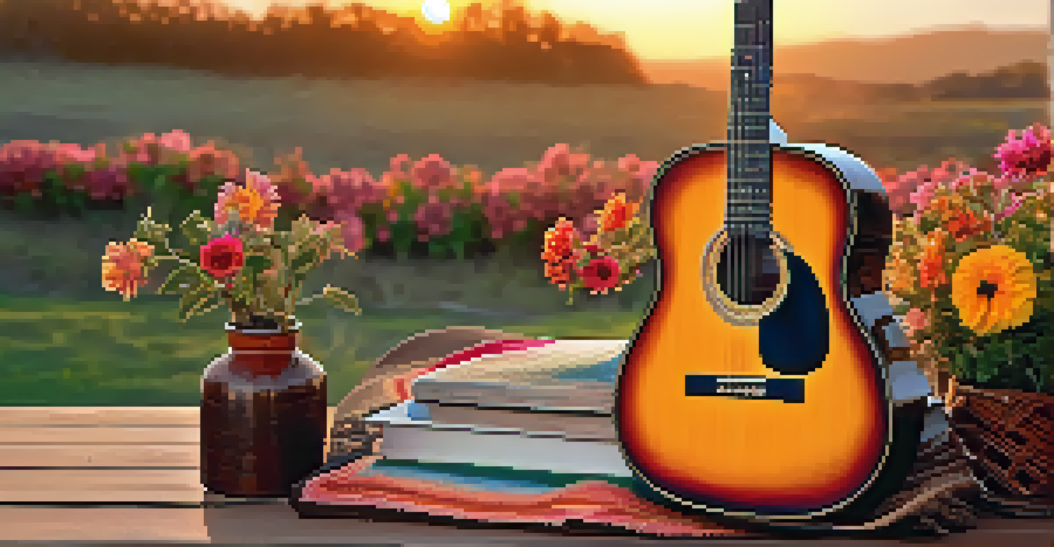 A Spanish guitar resting on a wooden table with vibrant flowers and a sunset in the background, showcasing warm colors and intricate details.