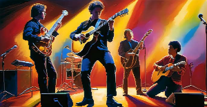 A group of guitarists performing on stage with warm lights and an engaged audience.