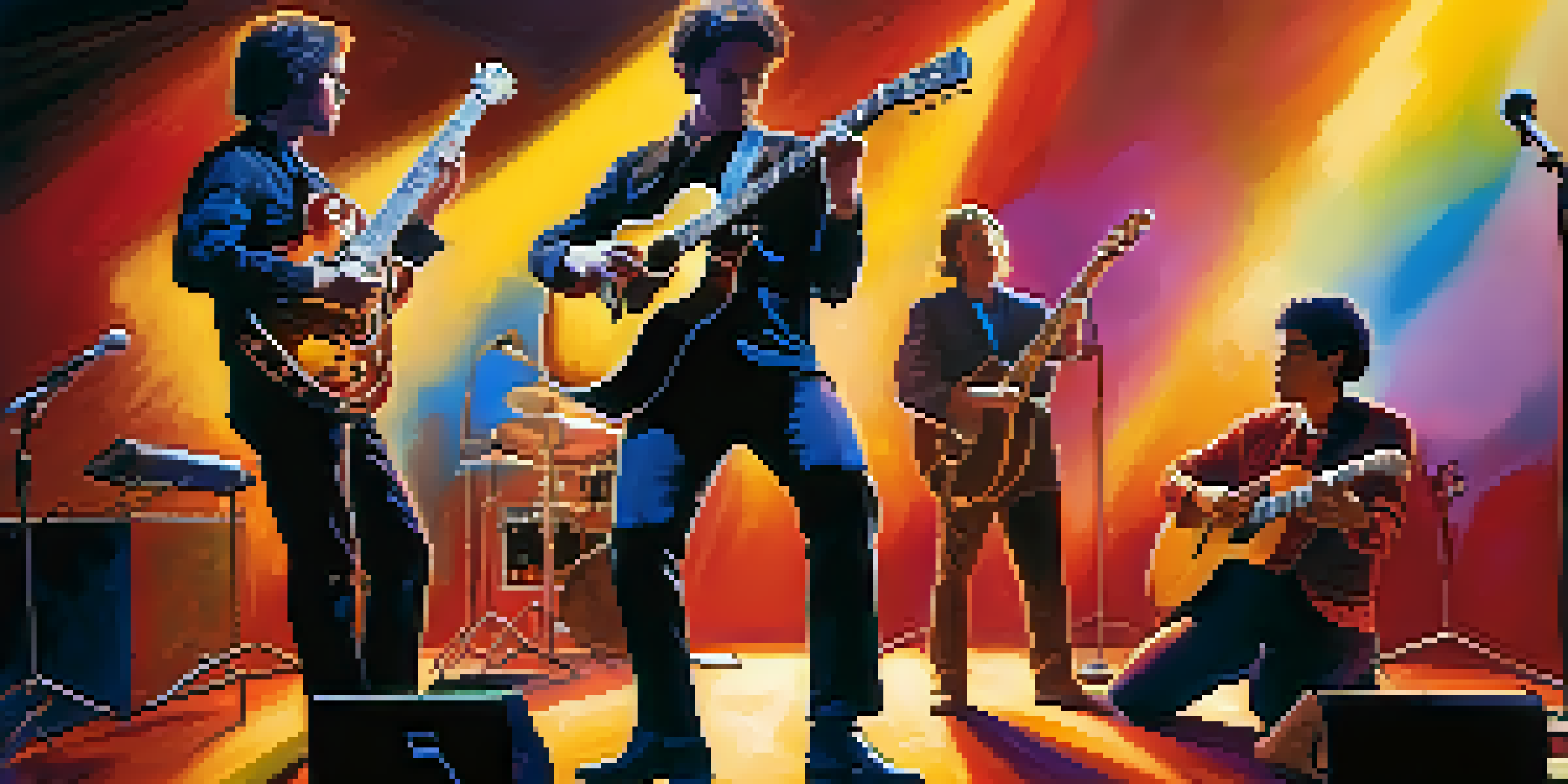A group of guitarists performing on stage with warm lights and an engaged audience.