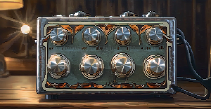 A close-up image of a vintage overdrive pedal with intricate knobs, placed on a rustic wooden surface illuminated by warm lighting.