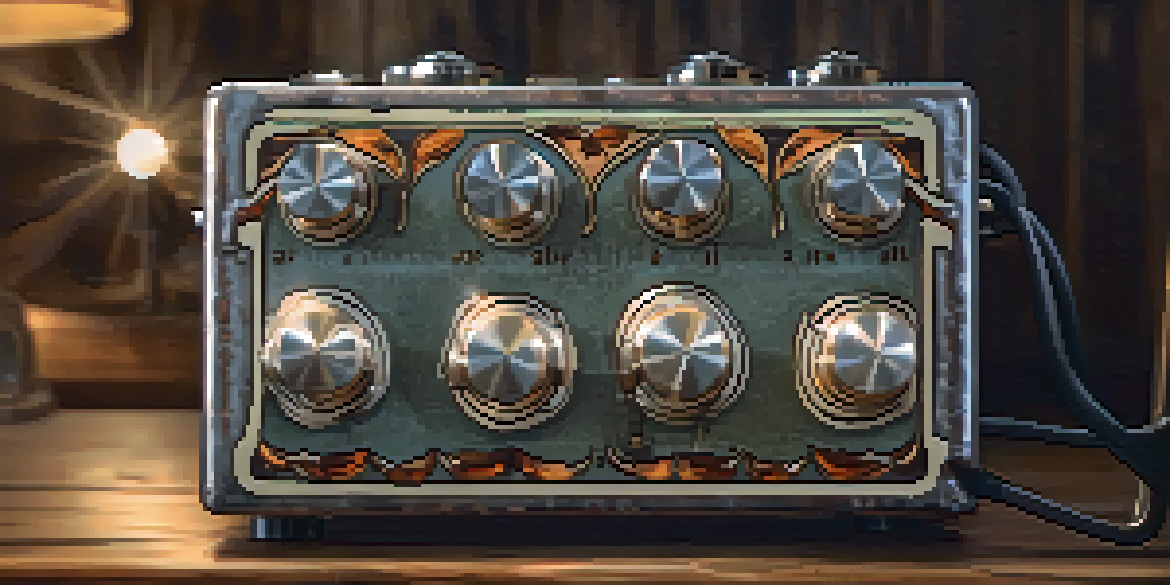 A close-up image of a vintage overdrive pedal with intricate knobs, placed on a rustic wooden surface illuminated by warm lighting.