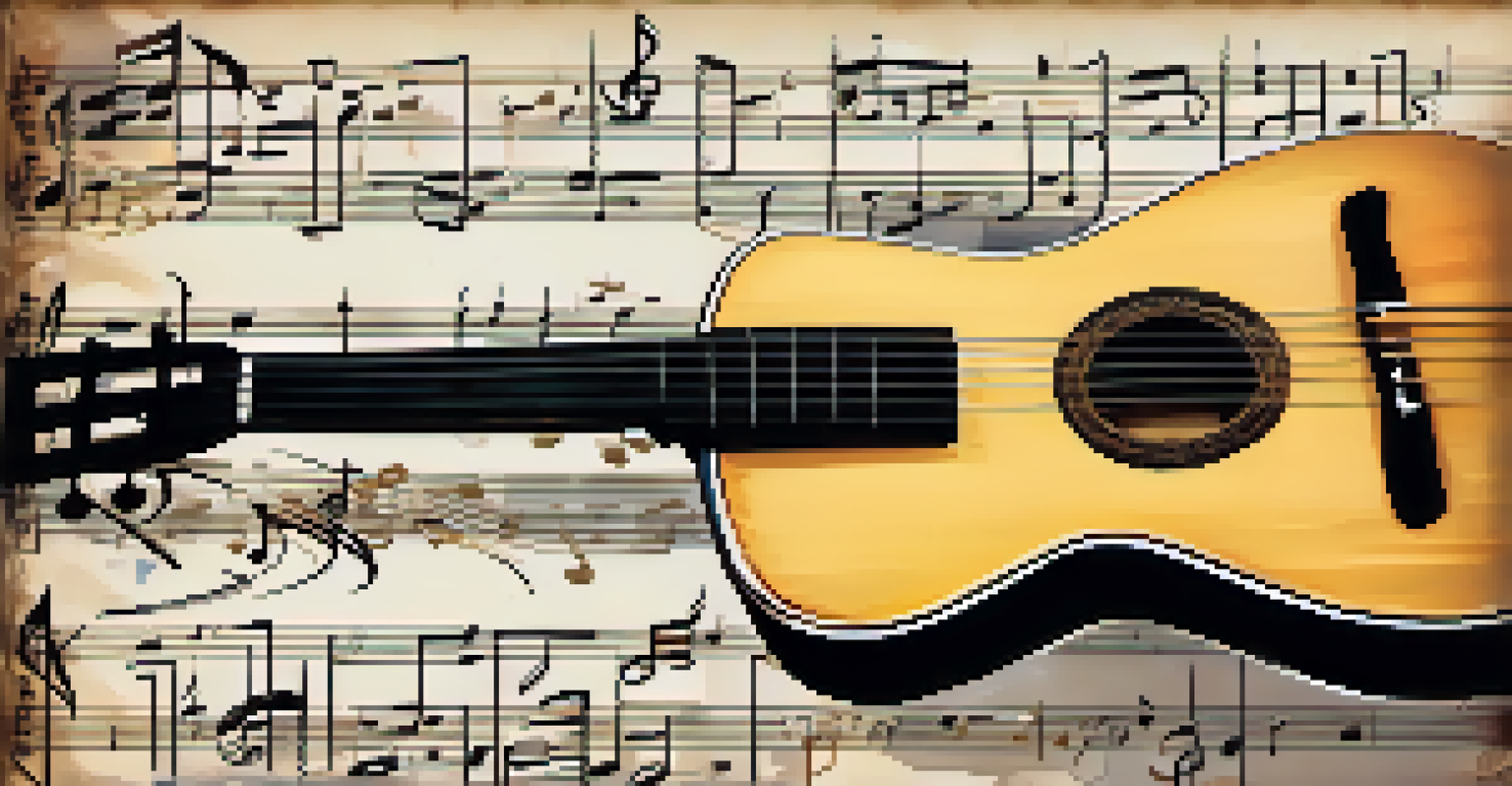 An artistic display of dynamic markings on sheet music with a guitar in the foreground, surrounded by flowing musical notes.