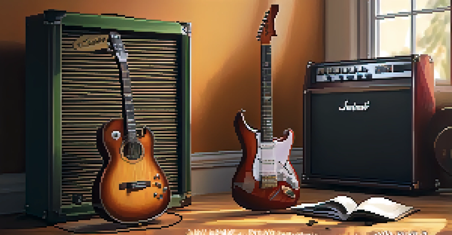 An electric guitar leaning against a vintage amplifier in a warm and cozy music studio with scattered music sheets.