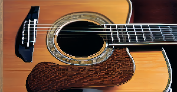 A close-up of an acoustic guitar on a wooden table, highlighting its craftsmanship and warm tones.