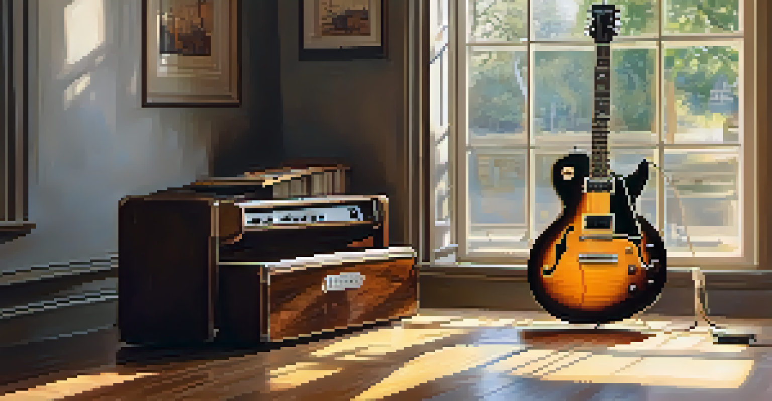A vintage electric guitar placed on a wooden table, illuminated by sunlight from a window, showcasing its beautiful craftsmanship and warm colors.