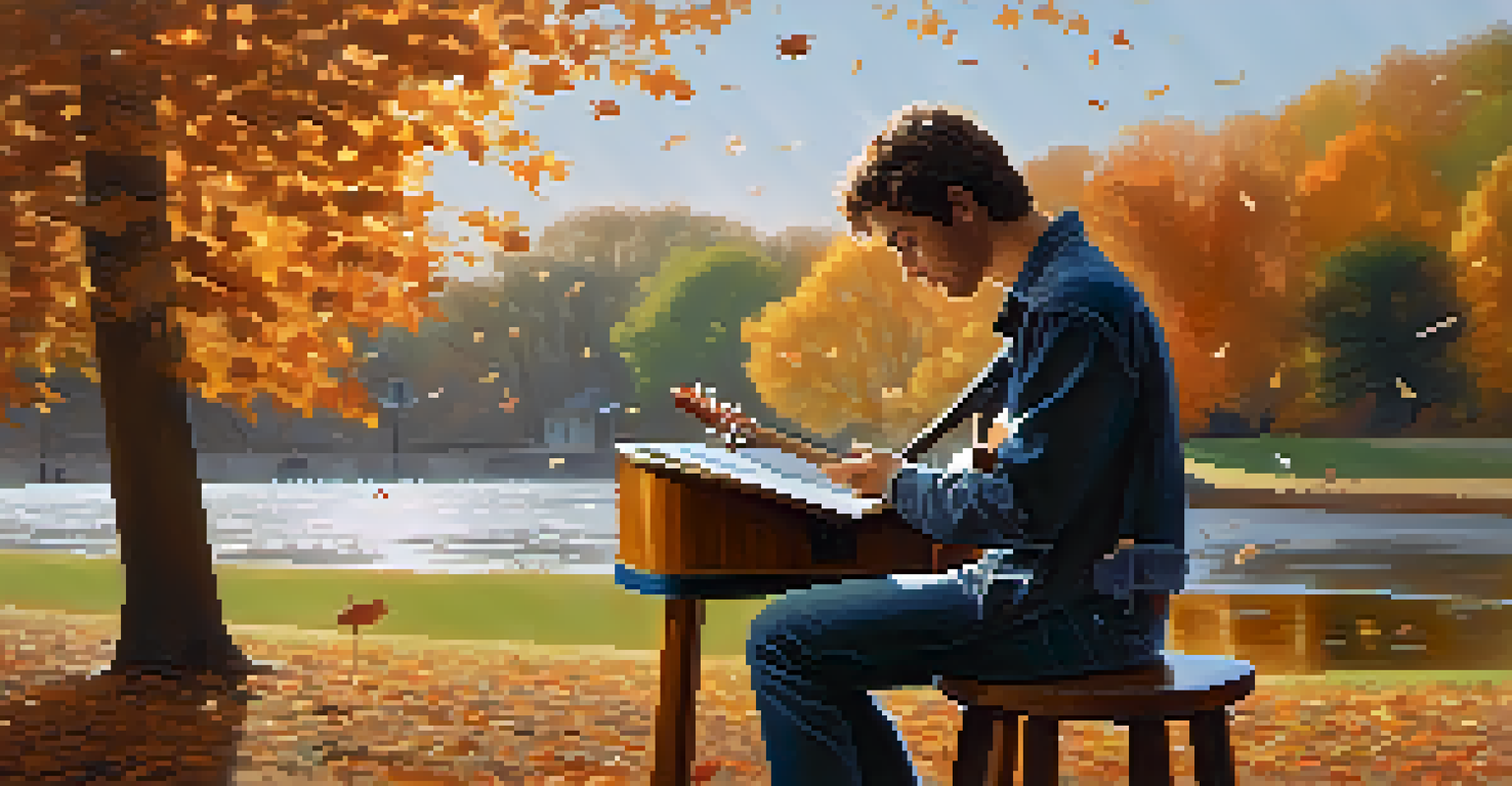 A singer-songwriter playing guitar in a sunlit park with autumn leaves and a notepad of lyrics nearby.