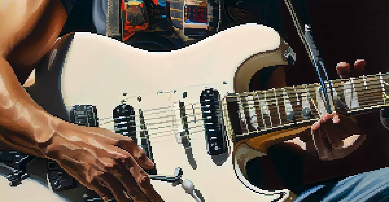 A close-up of a guitarist's hands playing an electric guitar in a home studio, with technology gadgets and warm ambient lighting in the background.