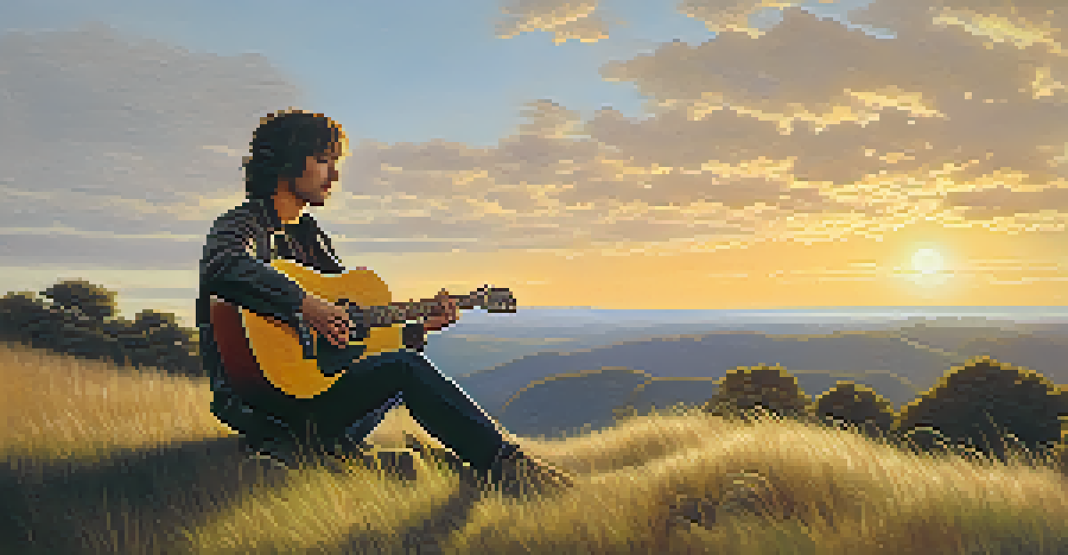 A musician sitting on a grassy hill, playing an acoustic guitar during sunset.