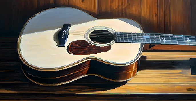 A close-up of an acoustic guitar on a wooden table with soft lighting and a blurred rustic background.