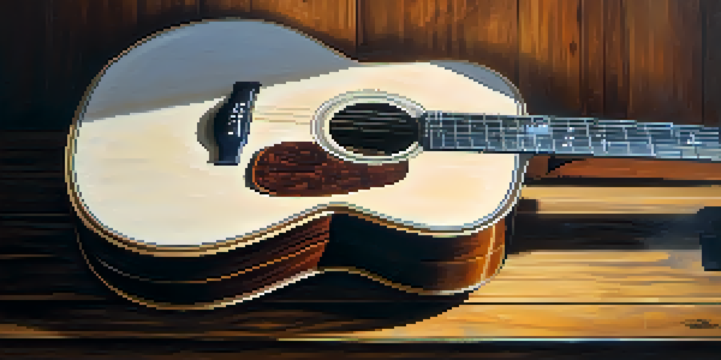 A close-up of an acoustic guitar on a wooden table with soft lighting and a blurred rustic background.
