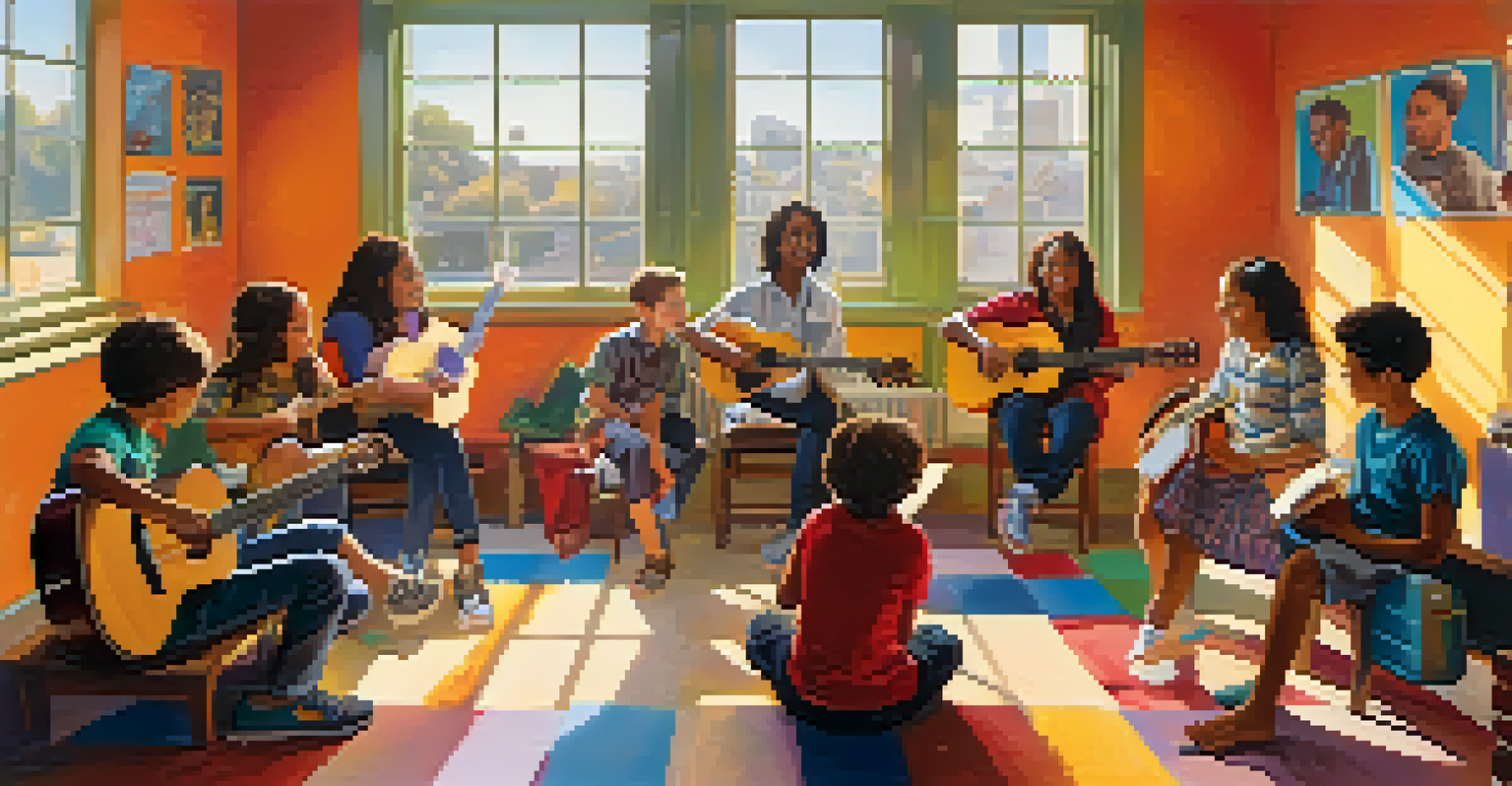 A lively music classroom where children are learning guitar from an instructor, surrounded by colorful posters and sunlight streaming in.