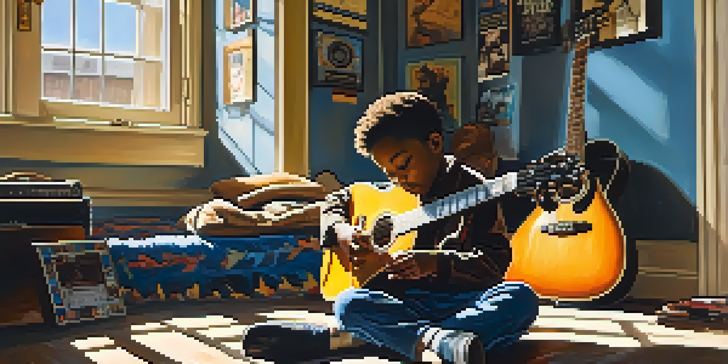 A young boy playing guitar in a sunlit room, surrounded by vintage guitars and posters of blues legends.