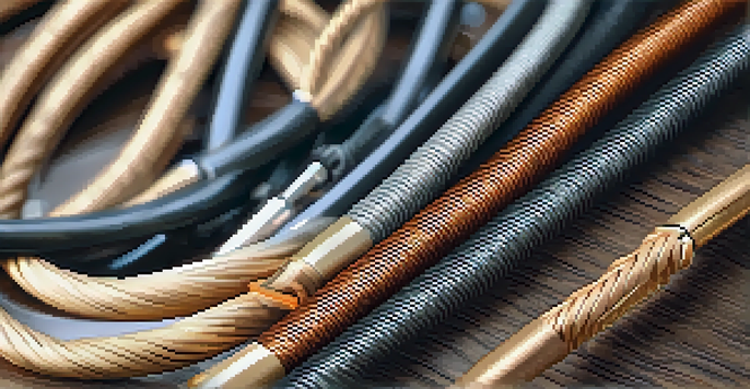 A detailed view of a guitar cable coiled on a wooden surface, showcasing its connectors and texture in natural light.