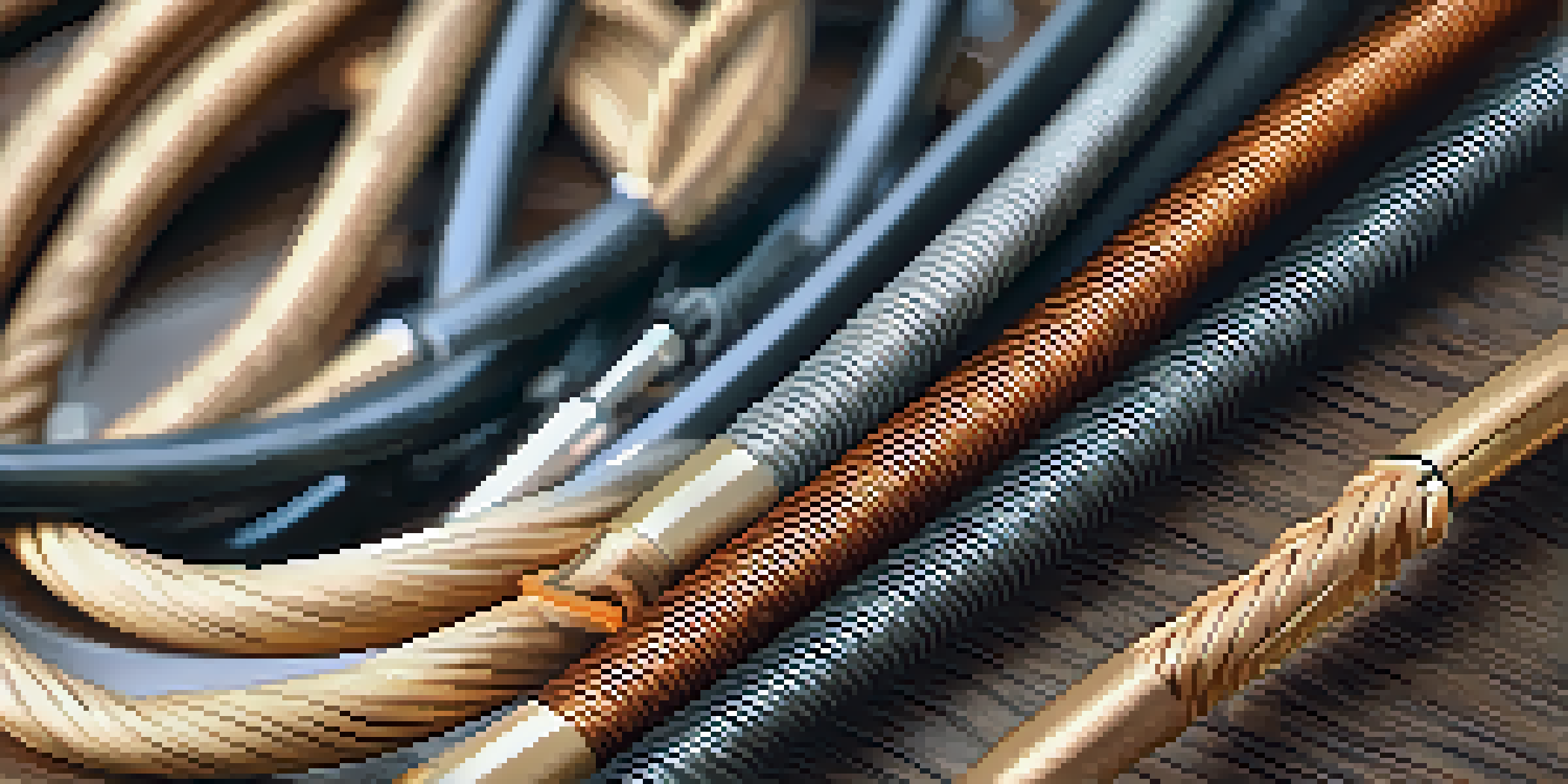 A detailed view of a guitar cable coiled on a wooden surface, showcasing its connectors and texture in natural light.
