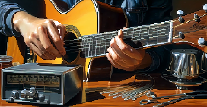 A close-up of a musician changing guitar strings, with tools and new strings on a wooden table, illuminated by warm lighting.