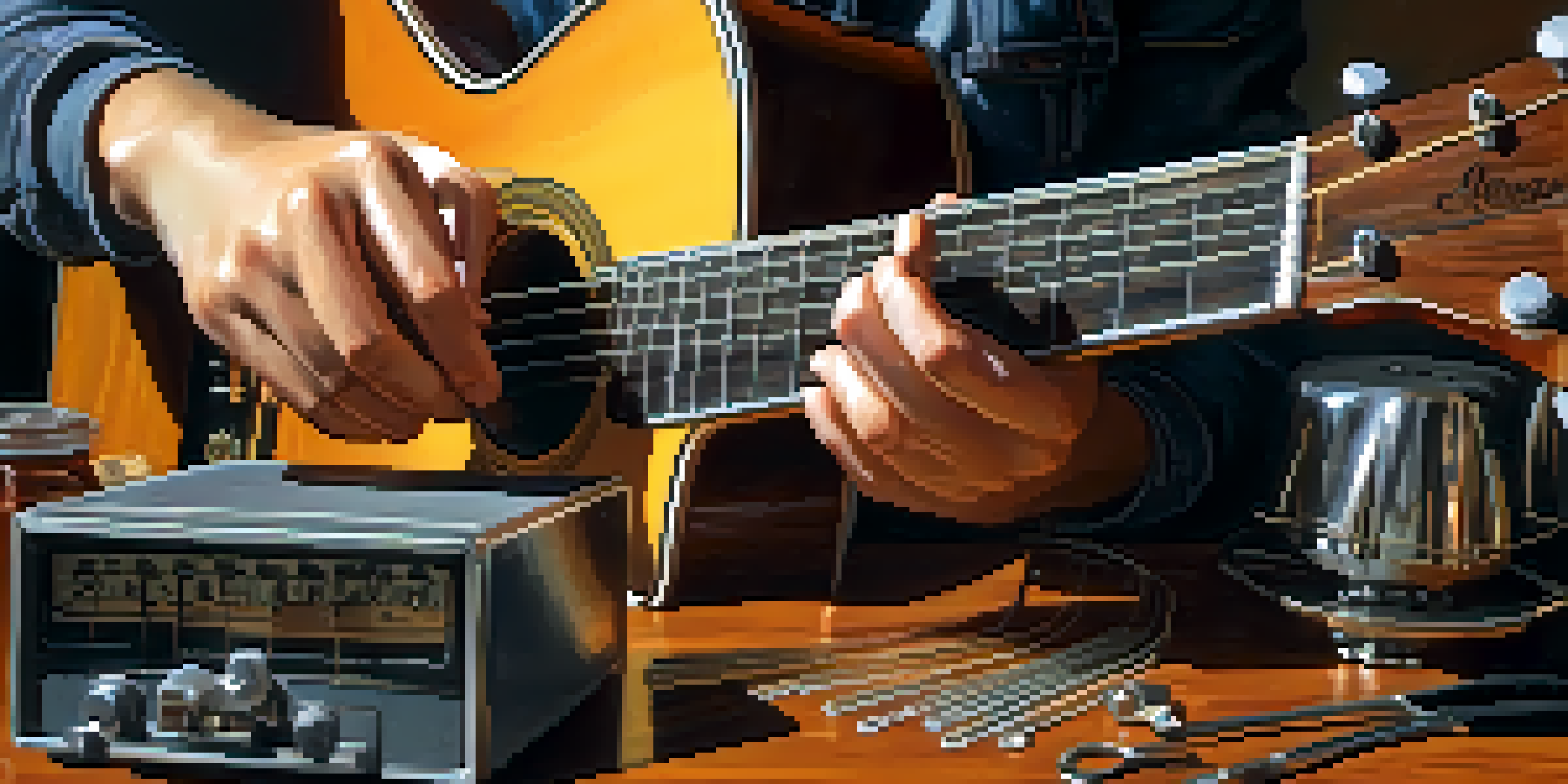 A close-up of a musician changing guitar strings, with tools and new strings on a wooden table, illuminated by warm lighting.