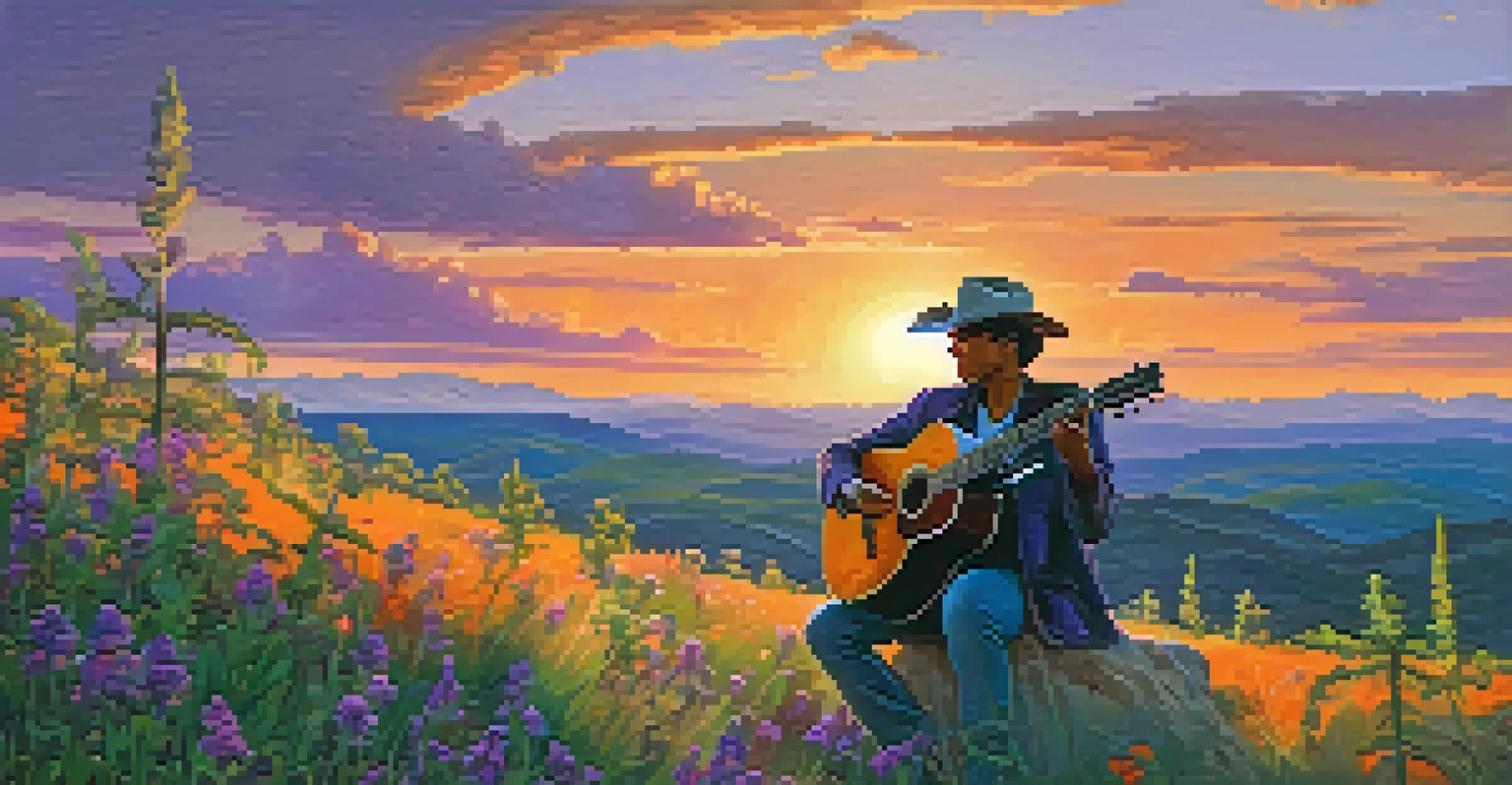 Musician playing guitar on a hilltop at sunset with vibrant colors in the sky.