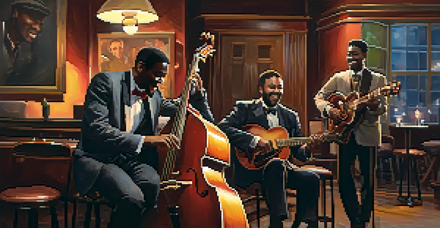 A jazz band in a cozy club, with a guitarist, bassist, and drummer creating a lively atmosphere.