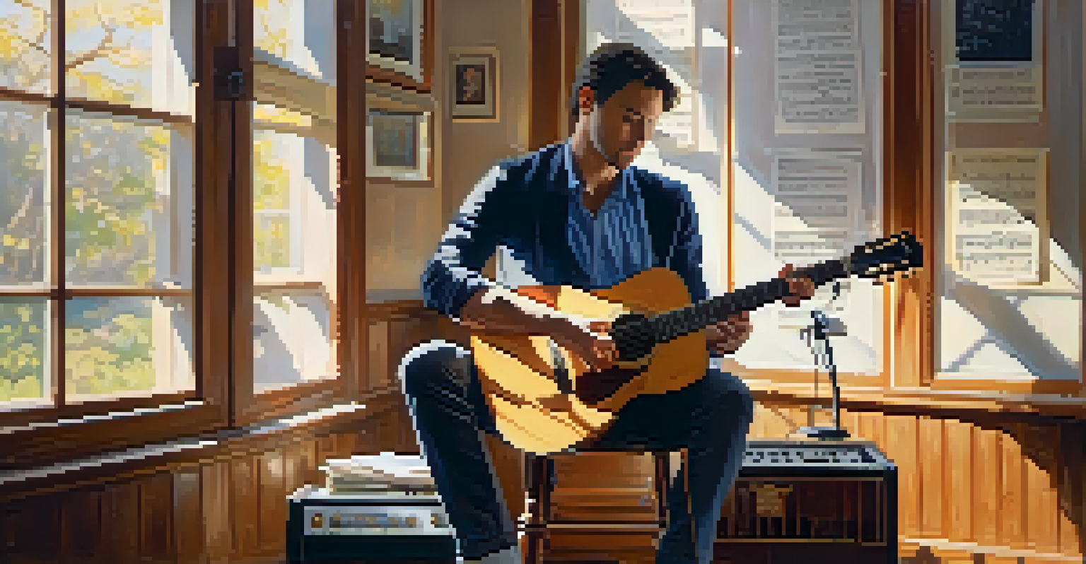 A guitarist in a cozy room with sunlight streaming through a window, surrounded by music sheets, playing guitar with a focused expression.
