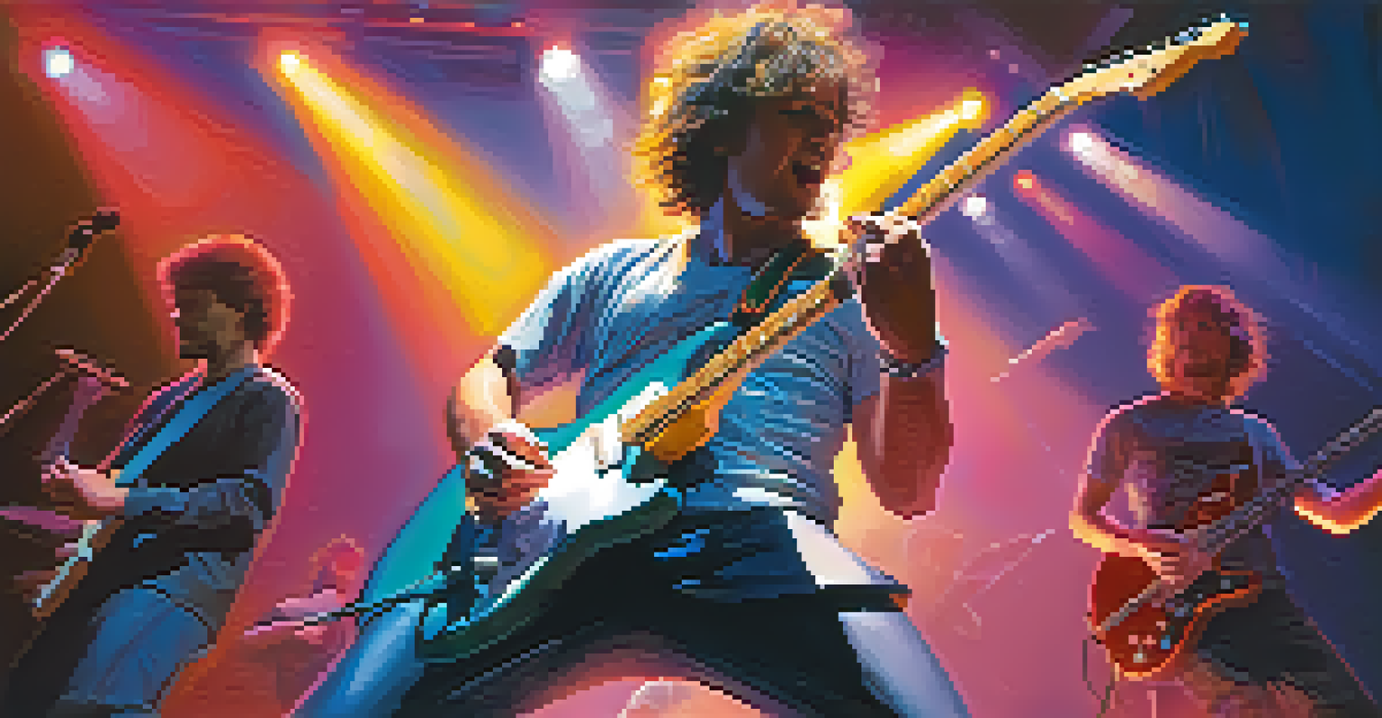 A guitarist performing on stage with dramatic lighting and an engaged audience.
